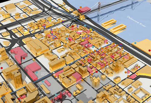3D map of a portion of downtown Philadelphia, by artist/animator Tim Sienold (click for original)