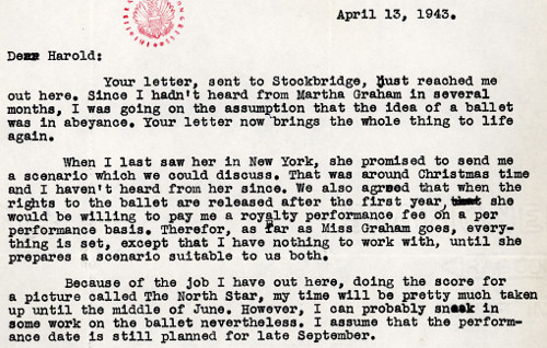 [Above: portion of letter from Aaron Copland to Harold Spivacke, Chief of the Music Division at the Library of Congress.